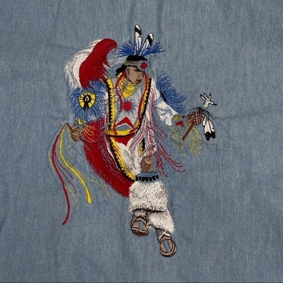 Vintage Native American Shirt Chambray Button Tribal Indigenous Blue Summer - Picture 1 of 12